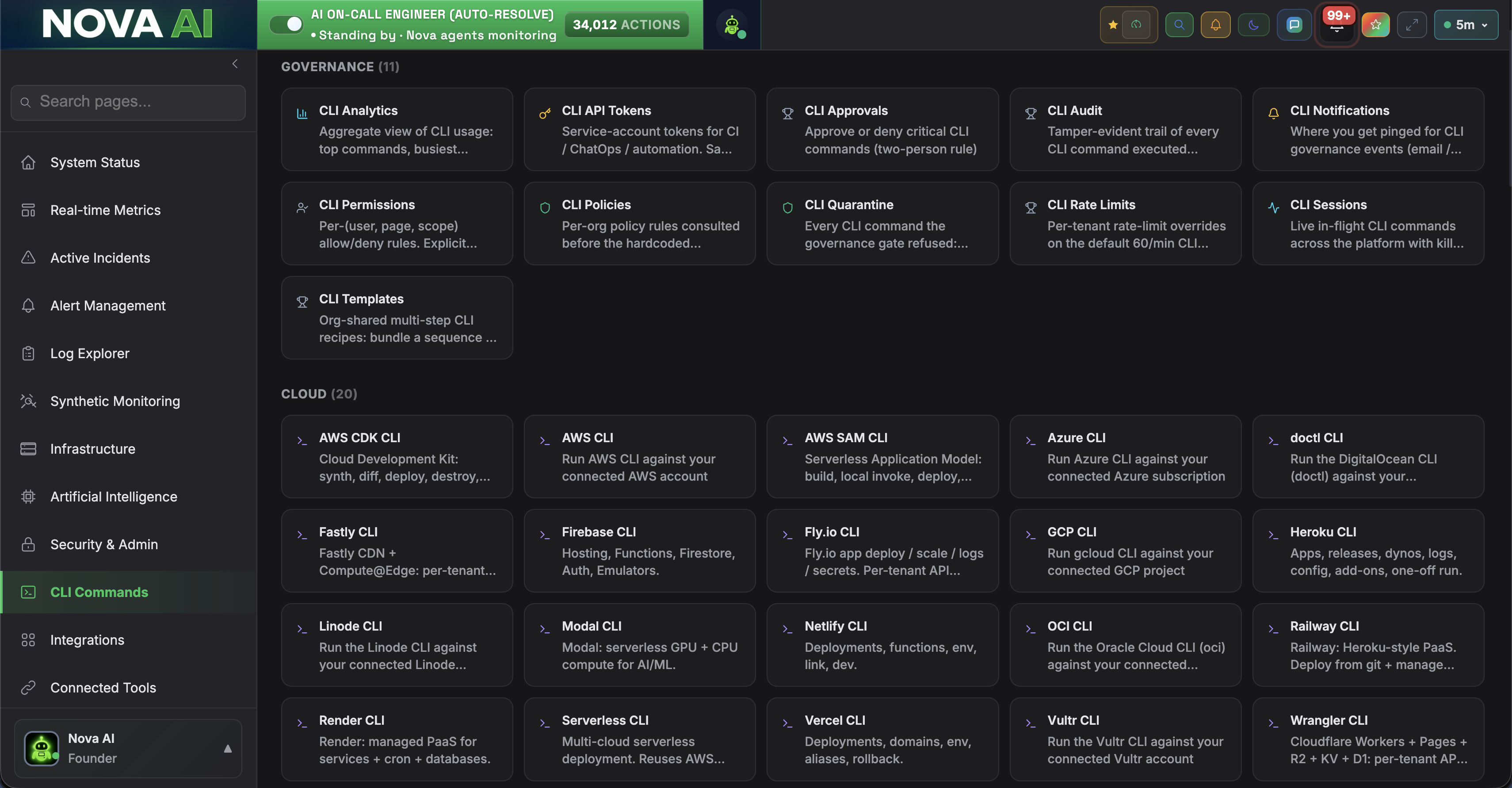 Nova CLI Commands hub showing 140+ governed command-line tools grouped by category: governance CLIs (analytics, API tokens, approvals, audit, notifications, permissions, policies, quarantine, rate limits, sessions, templates) and cloud CLIs (AWS, AWS CDK, AWS SAM, Azure, doctl, Fastly, Firebase, Fly.io, GCP, Heroku, Linode, Modal, Netlify, OCI, Railway, Render, Serverless, Vercel, Vultr, Wrangler)