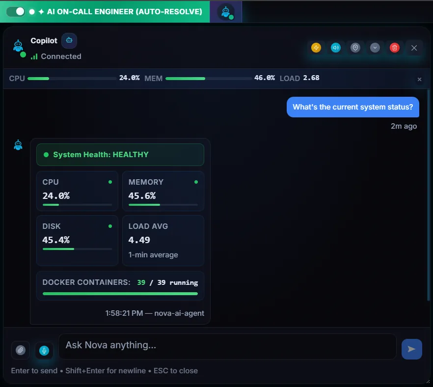 Nova Copilot answering system status query with live health dashboard